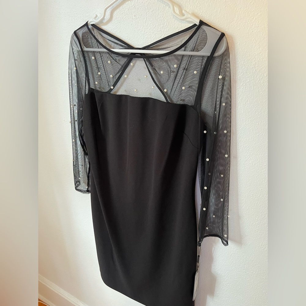 Elegant Black Pearl-Embellished Sheer Sleeve Dress